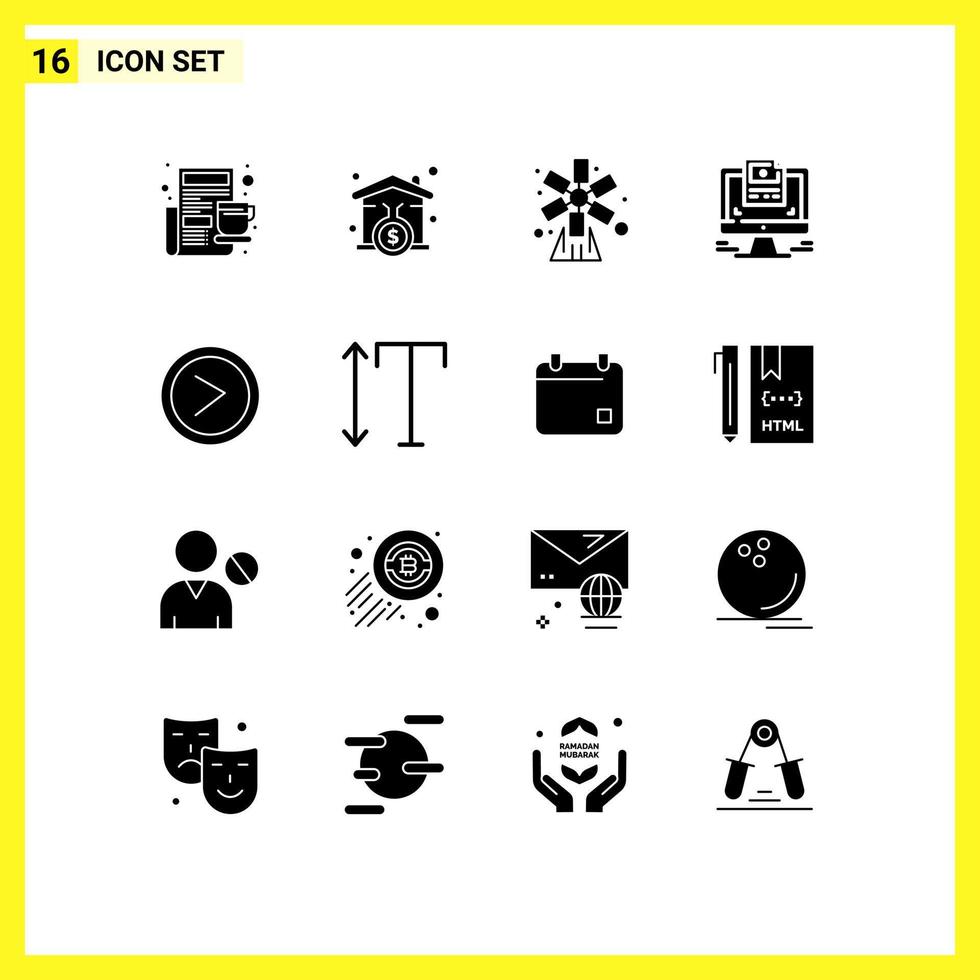 16 solides Glyphenkonzept für mobile Websites und Apps Pfeildesign Landwirtschaft Computer Windmühle editierbare Vektordesign-Elemente vektor