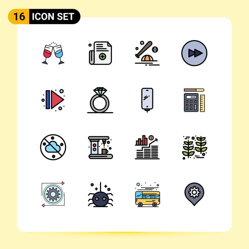 moderner Satz von 16 flachen, farbgefüllten Linien und Symbolen wie Eject Next Baseball Forward Sport editierbare kreative Vektordesign-Elemente vektor