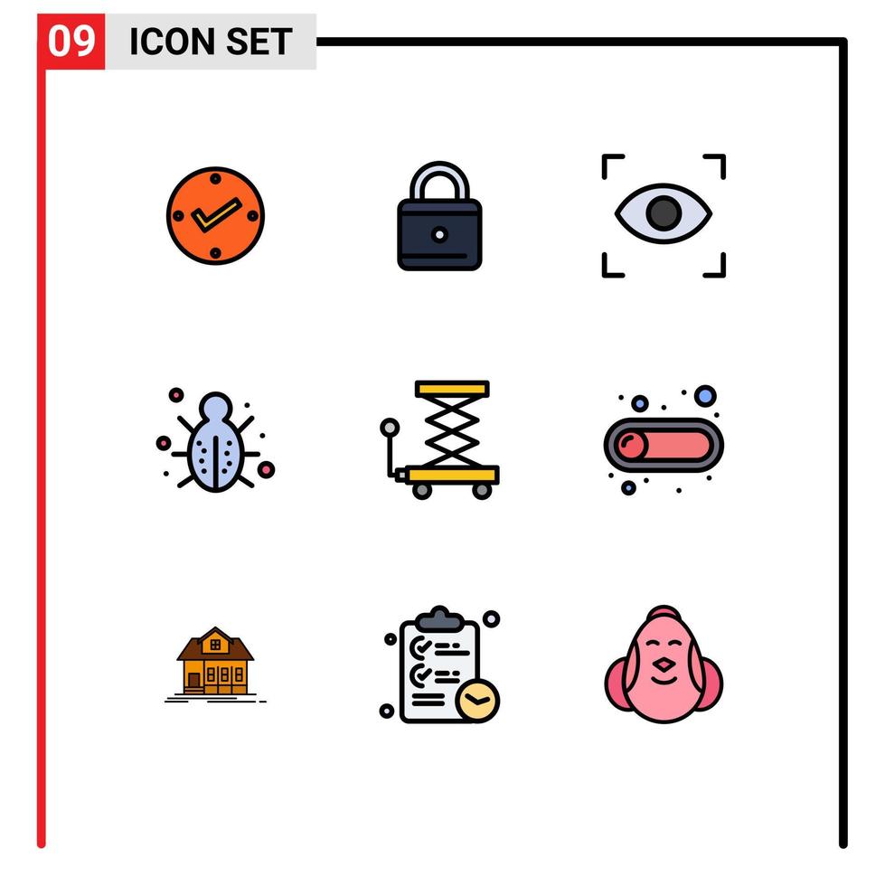 9 tematiska vektor fylld linje platt färger och redigerbar symboler av hiss bil fokus säkerhet nätverk redigerbar vektor design element