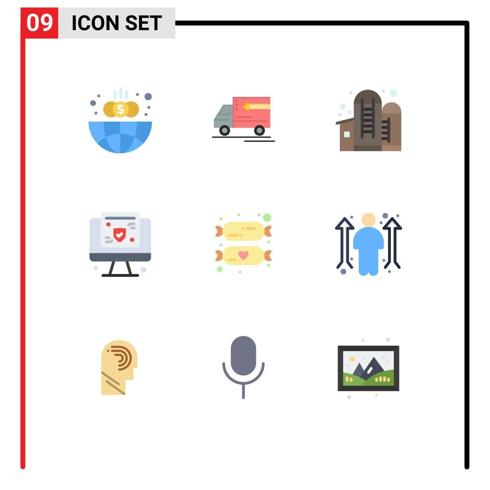 mobil gränssnitt platt Färg uppsättning av 9 piktogram av godis försäkring lantbruk skärm dator redigerbar vektor design element