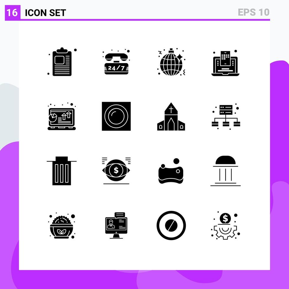 Gruppe von 16 soliden Glyphen Zeichen und Symbolen für Wachstumsanalyse Musik Web-Blogging Blogger editierbare Vektordesign-Elemente vektor