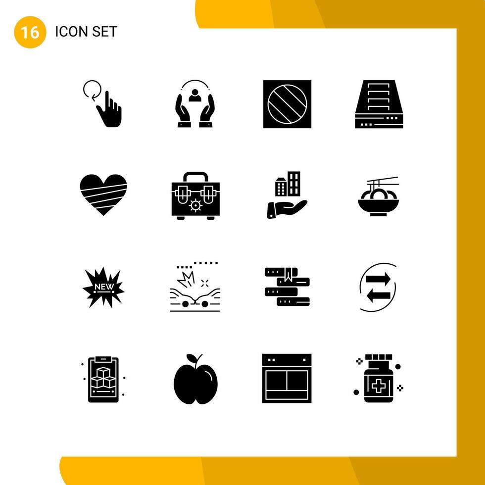 grupp av 16 fast glyfer tecken och symboler för hjärta låda skydd arkiv låda skugga redigerbar vektor design element