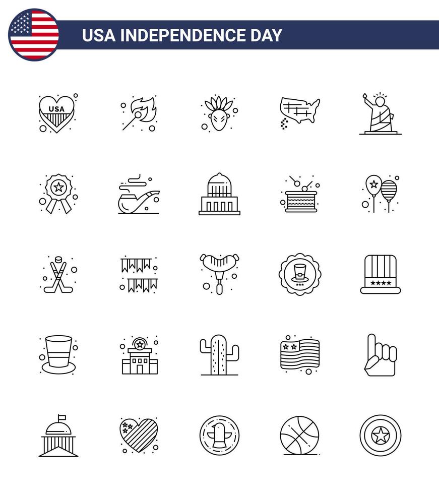 modern uppsättning av 25 rader och symboler på USA oberoende dag sådan som av landmärken amerikan USA stater redigerbar USA dag vektor design element