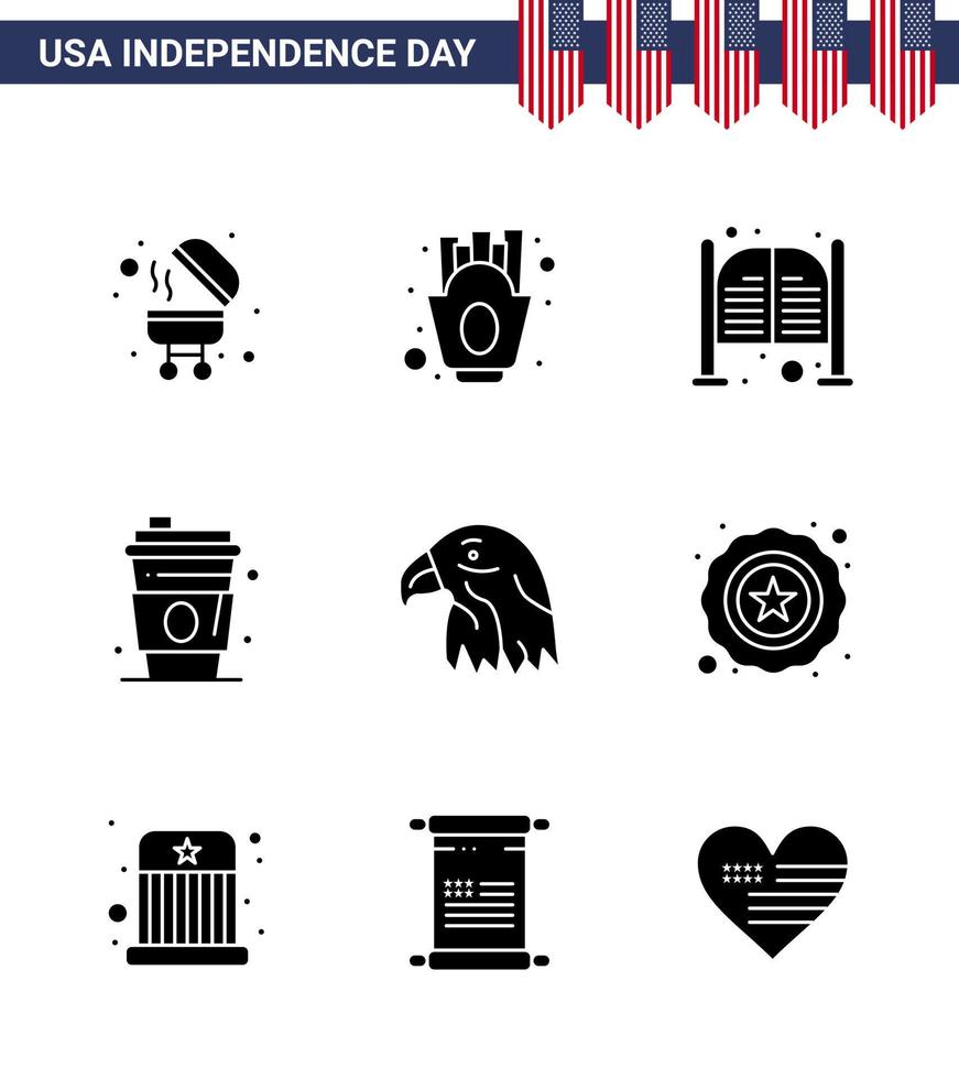 Happy Independence Day Pack mit 9 soliden Glyphen Zeichen und Symbolen für Vogel USA Türen Saft Alkohol editierbare USA Tag Vektor Design Elemente