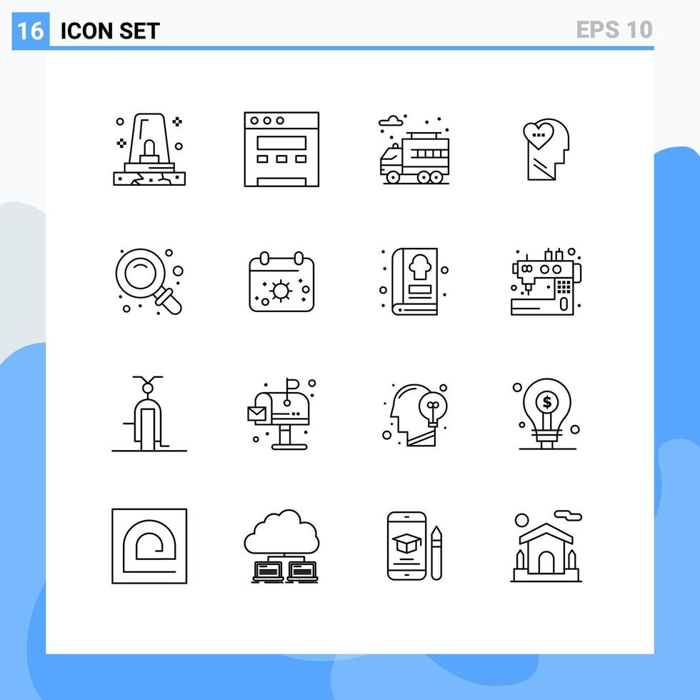 modern uppsättning av 16 konturer och symboler sådan som strand forskning lastbil skola huvud redigerbar vektor design element