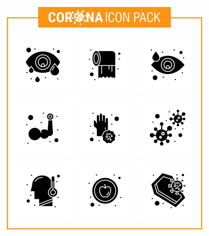 9 Solid Glyph Black Coronavirus Epidemic Icon Pack saugt als Virus Muskel weinende Handschicht Virus Coronavirus 2019nov Krankheitsvektor Designelemente vektor