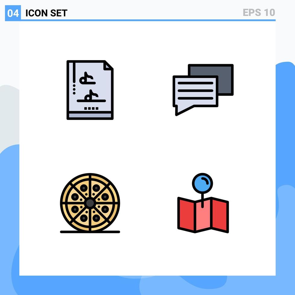 editierbares Vektorlinienpaket mit 4 einfachen gefüllten flachen Farben des Dateidokuments Pizza-Chat-Getränk-Standort editierbare Vektordesign-Elemente vektor