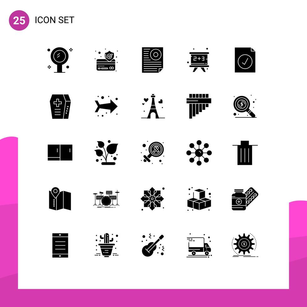 25 thematische Vektor-Solid-Glyphen und bearbeitbare Symbole für vollständige Bildungsdatentafeln berichten über bearbeitbare Vektordesign-Elemente vektor