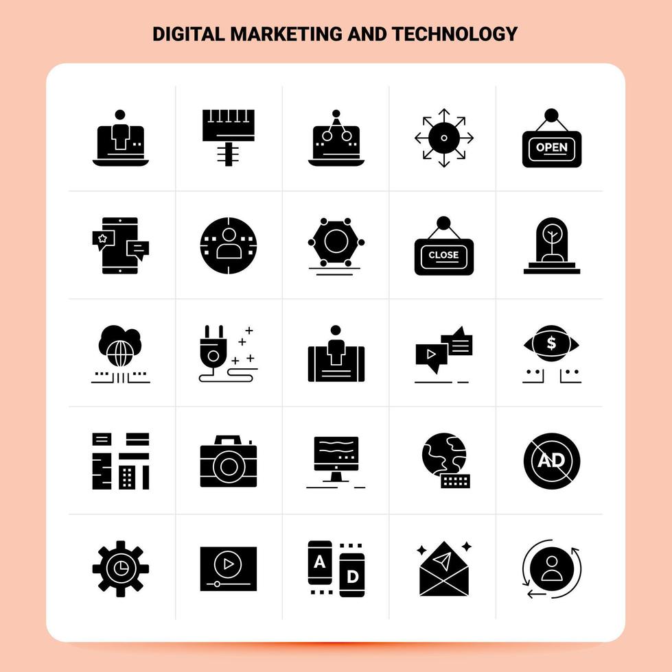 fast 25 digital marknadsföring och teknologi ikon uppsättning vektor glyf stil design svart ikoner uppsättning webb och mobil företag idéer design vektor illustration