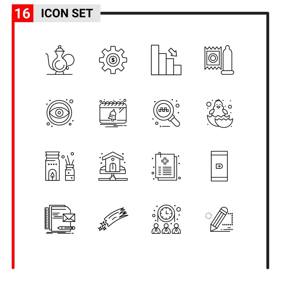 universelle Symbolsymbole Gruppe von 16 modernen Umrissen von medizinischen Kondom-Dollar-Finanzdiagrammen editierbare Vektordesign-Elemente vektor
