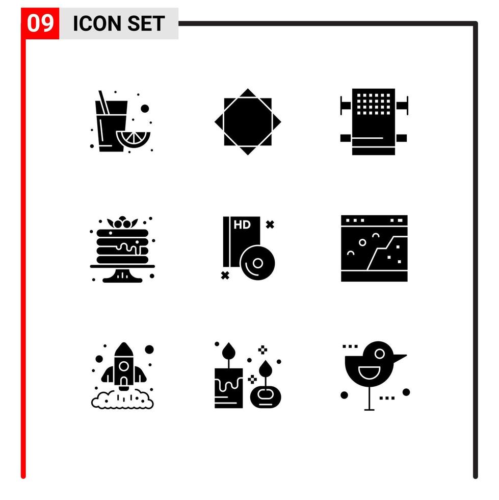 Packung mit 9 kreativen soliden Glyphen von Disc-CD-Bad-Bluray-Pfannkuchen-editierbaren Vektordesign-Elementen vektor