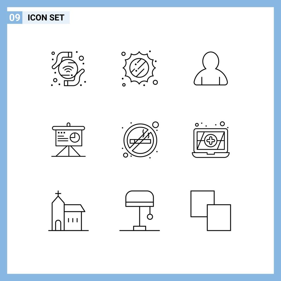 9 universell konturer uppsättning för webb och mobil tillämpningar antivirus Nej rökning användare Nej företag redigerbar vektor design element