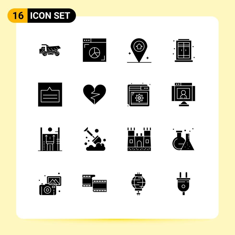 16 solides Glyphenpaket der Benutzeroberfläche mit modernen Zeichen und Symbolen des Popup-Layout-Kartengitters, das bearbeitbare Vektordesign-Elemente lebt vektor
