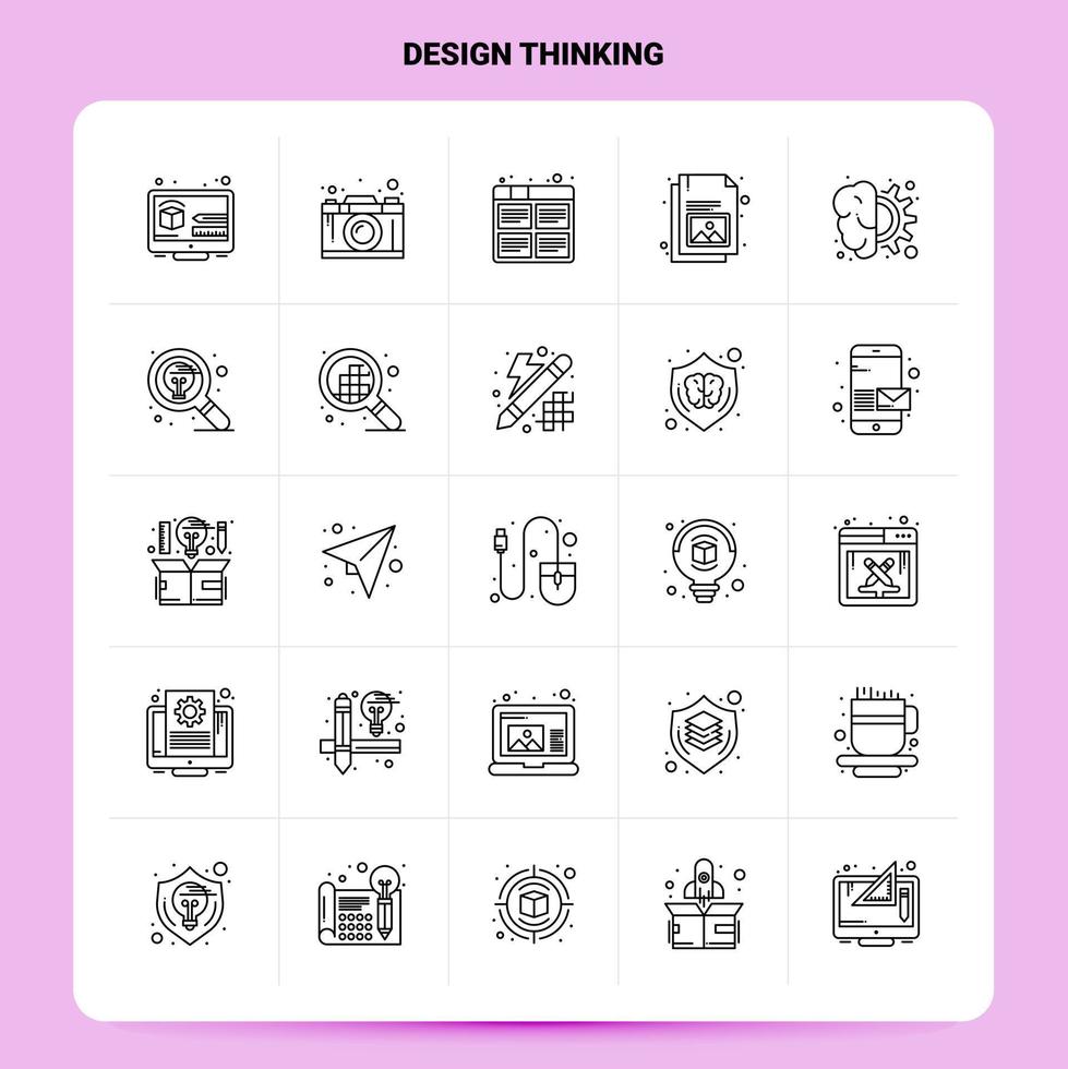 Umriss 25 Design Thinking Icon Set Vektor Line Style Design Schwarze Icons Set Linear Piktogramm Pack Web und mobile Geschäftsideen Design Vektor Illustration