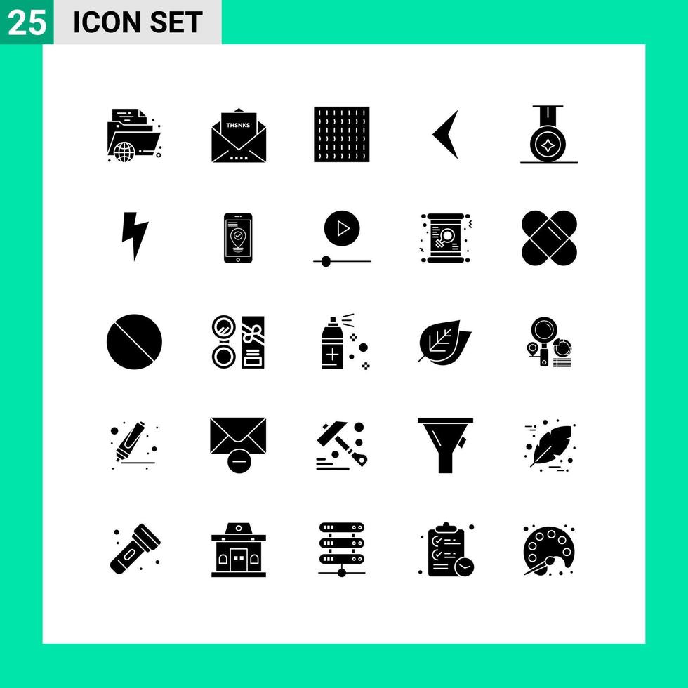 Solides Glyphenpaket mit 25 universellen Symbolen für Medaillenrückmeldung, Pfeilschleier, editierbare Vektordesignelemente vektor