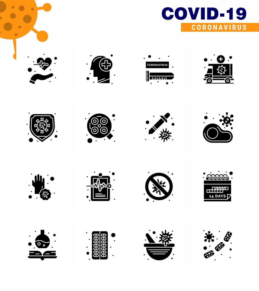 Corona-Virus 2019 und 2020 Epidemie 16 solides Glyphen-Schwarz-Icon-Pack wie fahrzeugmedizinisches menschliches Notfallvirus virales Coronavirus 2019nov-Krankheitsvektor-Designelemente vektor