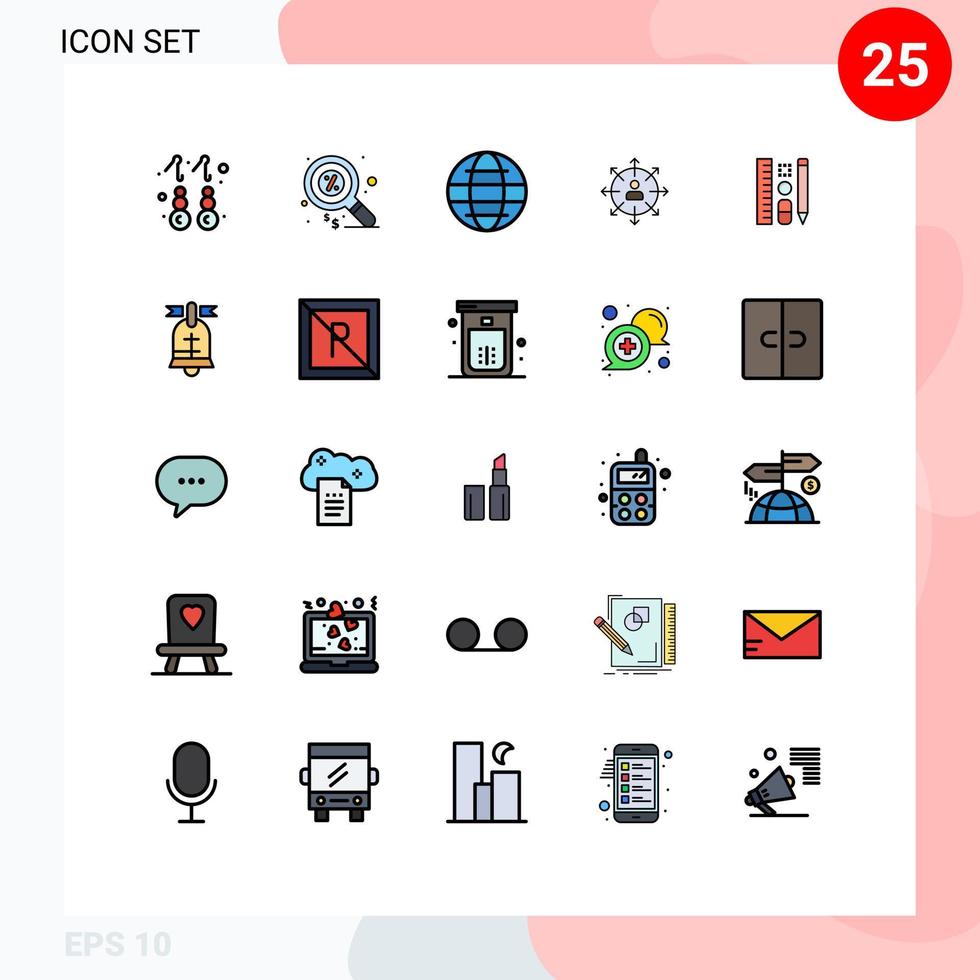25 thematische, vektorgefüllte flache Linienfarben und editierbare Symbole von editierbaren Vektordesign-Elementen für Person, Mitarbeiter, Globus, Karriererichtung vektor