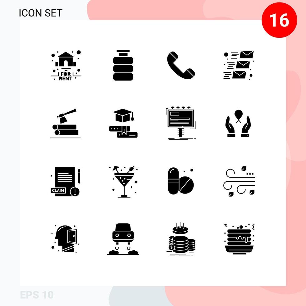 uppsättning av 16 vektor fast glyfer på rutnät för yxa utskick mat post telefon redigerbar vektor design element
