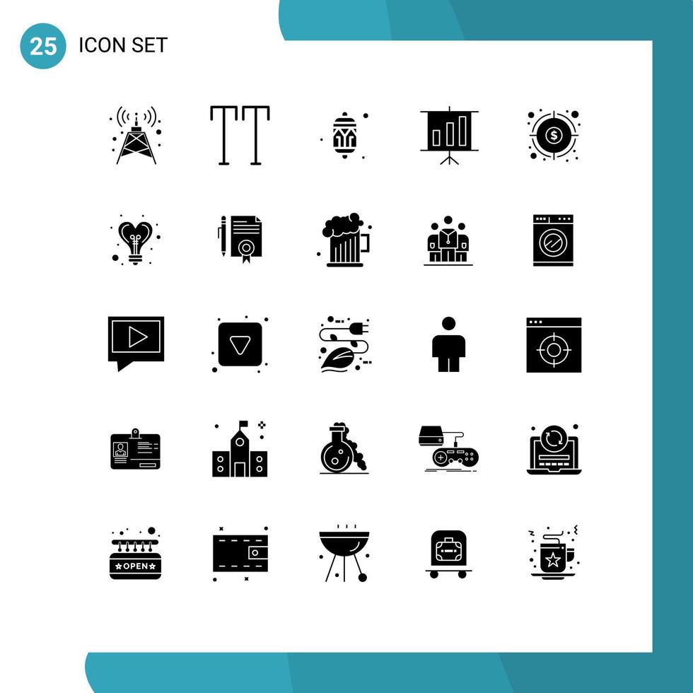 25 universelle solide Glyphen, die für Web- und mobile Anwendungen festgelegt werden. Ziel Finanzfestival Finanzdiagramm editierbare Vektordesign-Elemente vektor