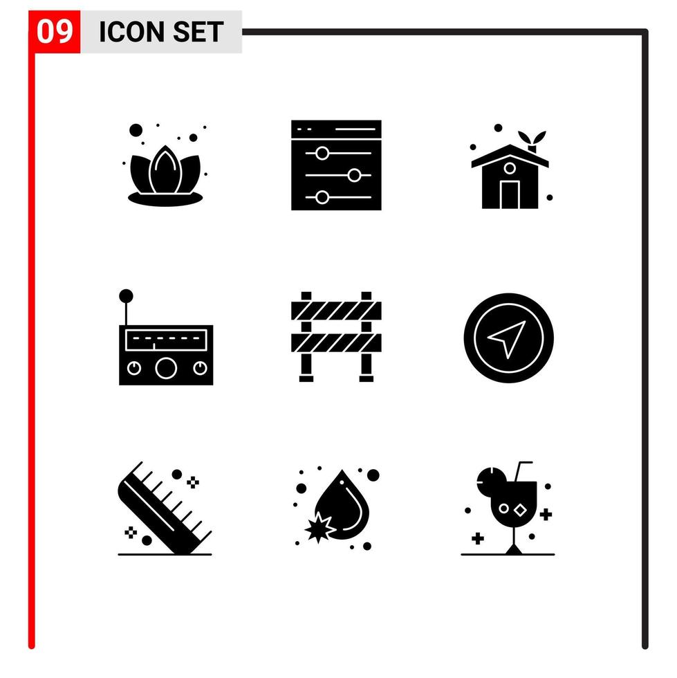 9 universelle solide Glyphen für Web- und mobile Anwendungen Baubarriere Barriere Öko-Hausfunkgeräte editierbare Vektordesign-Elemente vektor