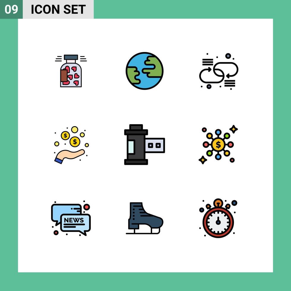 modern uppsättning av 9 fylld linje platt färger pictograph av filma mynt kedja pengar hand redigerbar vektor design element