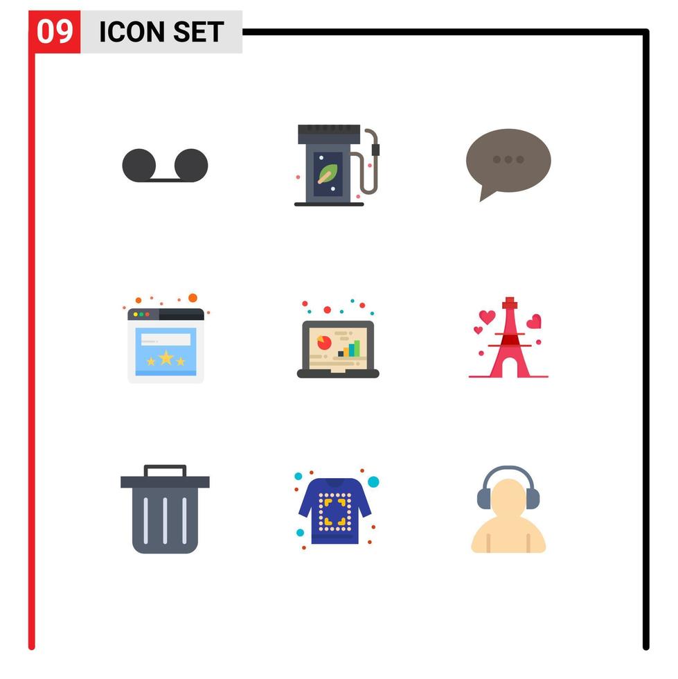 Gruppe von 9 flachen Farbzeichen und Symbolen für datenanalytische Konversationsanalysen, die editierbare Vektordesign-Elemente bewerten vektor