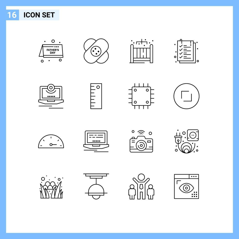 Packung mit 16 modernen Umrisszeichen und Symbolen für Web-Printmedien wie Computer-Cam-Heimtextblatt-Blatt editierbare Vektordesign-Elemente vektor