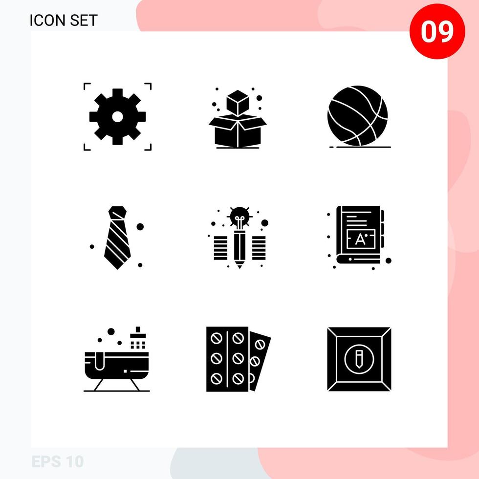 9 thematische Vektor-Solid-Glyphen und bearbeitbare Symbole für kreative Spiel-Krawatten-Dresscode-bearbeitbare Vektordesign-Elemente mit Bleistift vektor