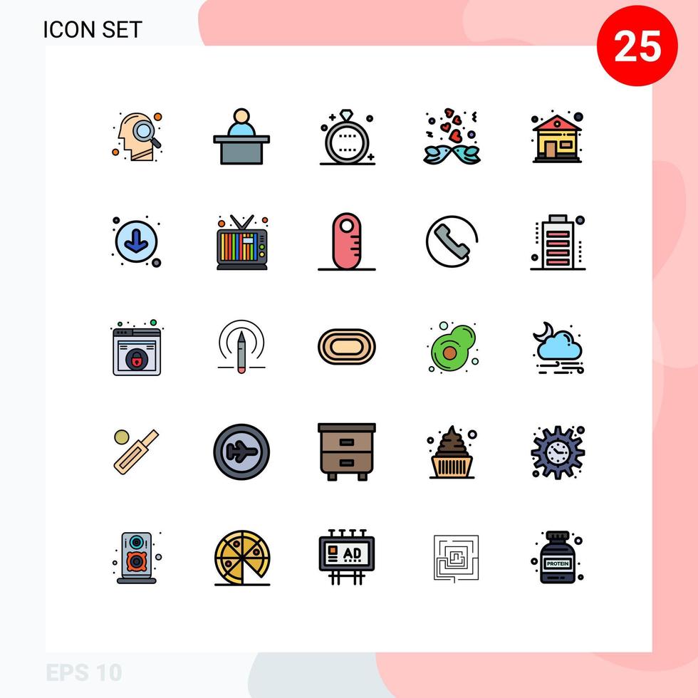 25 universell fylld linje platt färger uppsättning för webb och mobil tillämpningar Hem kärlek händelse hjärta fåglar redigerbar vektor design element