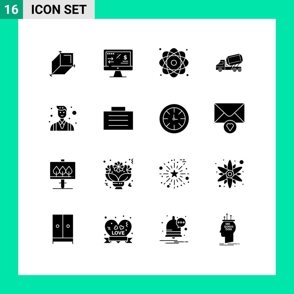 modern uppsättning av 16 fast glyfer och symboler sådan som chef fordon energi konstruktion lastbil redigerbar vektor design element