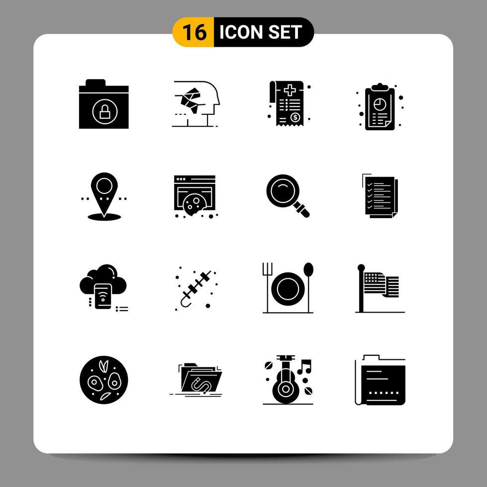 Packung mit 16 modernen Solid-Glyphen-Zeichen und Symbolen für Web-Printmedien wie Pin-Graph-Rechnungsdiagramm-Jahresbericht editierbare Vektordesign-Elemente vektor