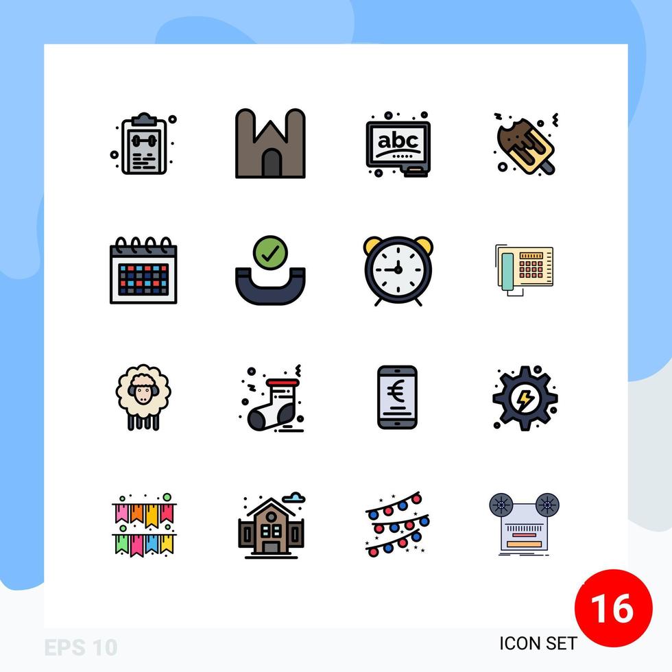 Lager Vektor Icon Pack mit 16 Zeilenzeichen und Symbolen für Kalender Fast Food Festung Eiskreide editierbare kreative Vektordesign-Elemente