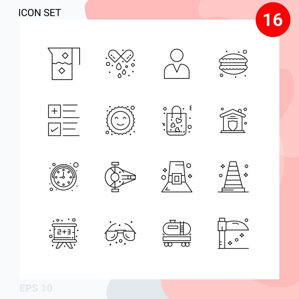 Stock Vector Icon Pack mit 16 Zeilenzeichen und Symbolen für Tick Food Medicine Knödel Café editierbare Vektordesign-Elemente