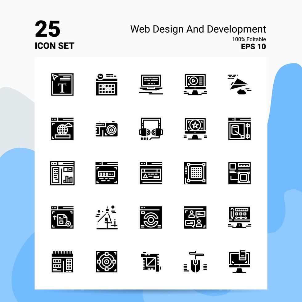 25 Symbolsatz für Webdesign und -entwicklung 100 bearbeitbare eps 10-Dateien Geschäftslogo-Konzeptideen solides Glyphen-Symboldesign vektor