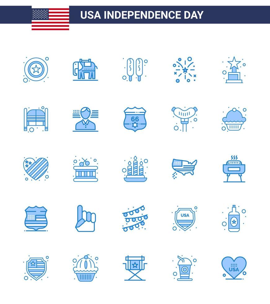 Stock Vektor Icon Pack von American Day 25 blaue Zeichen und Symbole für Bar Award Hot Dog Achievement American Editable Usa Day Vector Design Elements