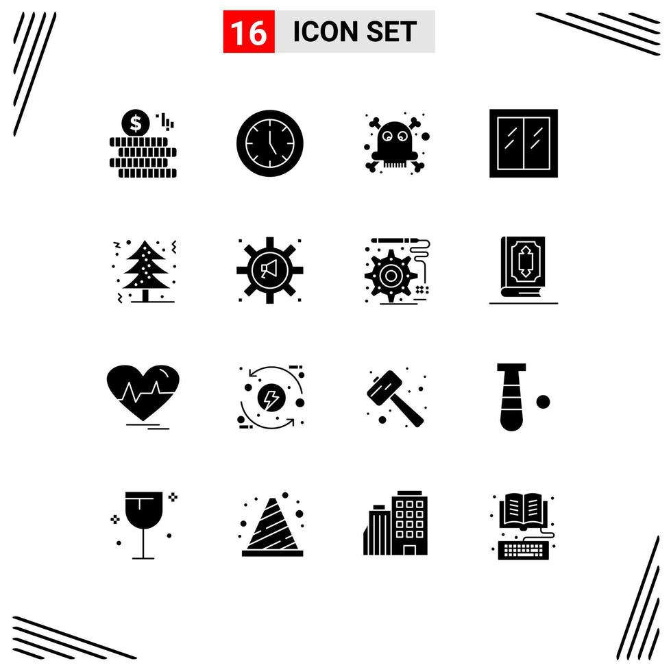 16 universelle solide Glyphenzeichen Symbole für Feiertage, Weihnachten, gefährliches Fensterhaus, editierbare Vektordesign-Elemente vektor
