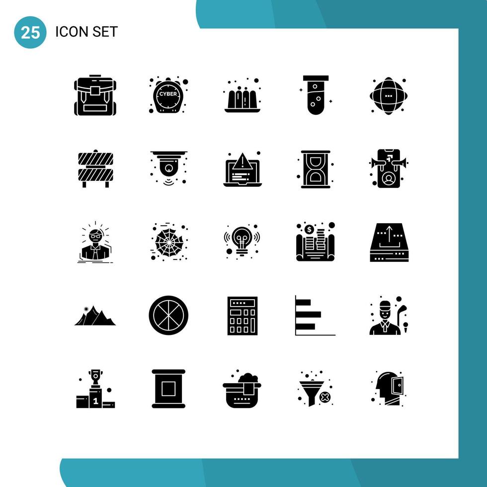 uppsättning av 25 vektor fast glyfer på rutnät för databas labb erbjudande testa rör redigerbar vektor design element