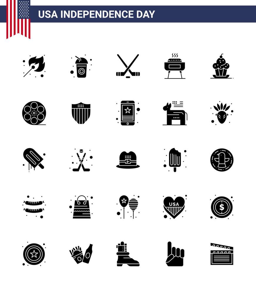 bearbeitbares Vektor-Solid-Glyphen-Paket von USA-Tag 25 Einfache solide Glyphe von Dessert-Feiertag Hokey-Fest-Barbeque-Design-Elementen für den USA-Tag vektor