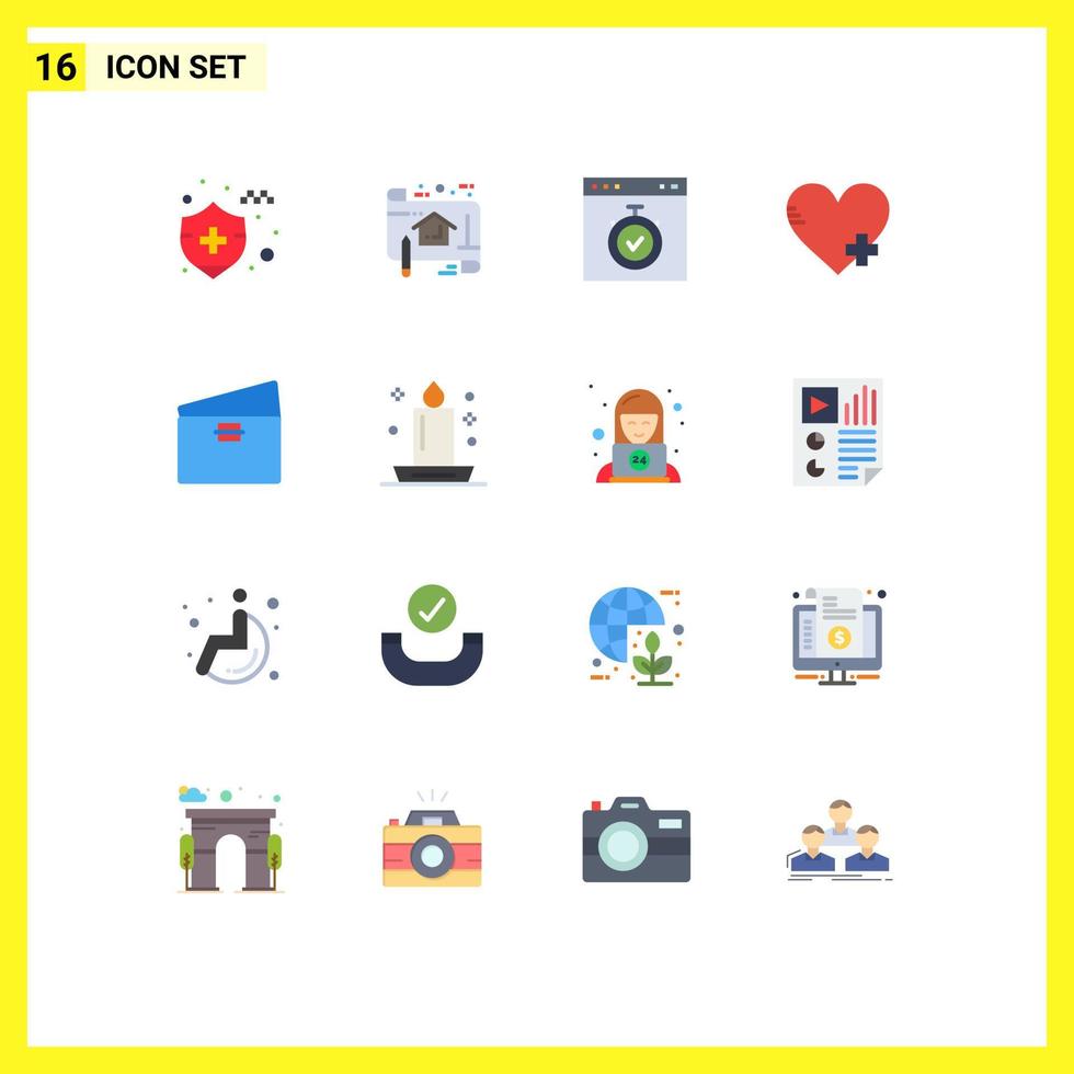 Flaches Farbpaket mit 16 Benutzeroberflächen aus modernen Zeichen und Symbolen der Lieblingszeit des Debit-Herzbrowsers, editierbares Paket kreativer Vektordesignelemente vektor