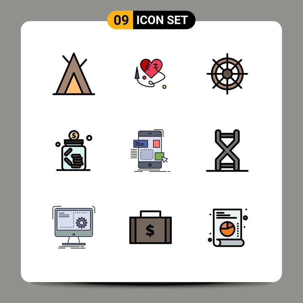 Stock Vector Icon Pack mit 9 Zeilenzeichen und Symbolen für das Design Drag Ship Wheel spart Investitionen editierbare Vektordesign-Elemente