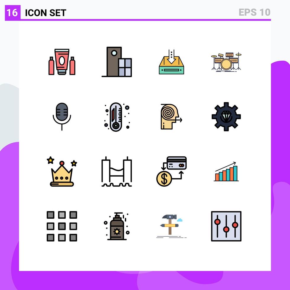 moderner Satz von 16 flachen, farbig gefüllten Linien Piktogramm der Instrumententrommelstruktur Projektdokument editierbare kreative Vektordesign-Elemente vektor