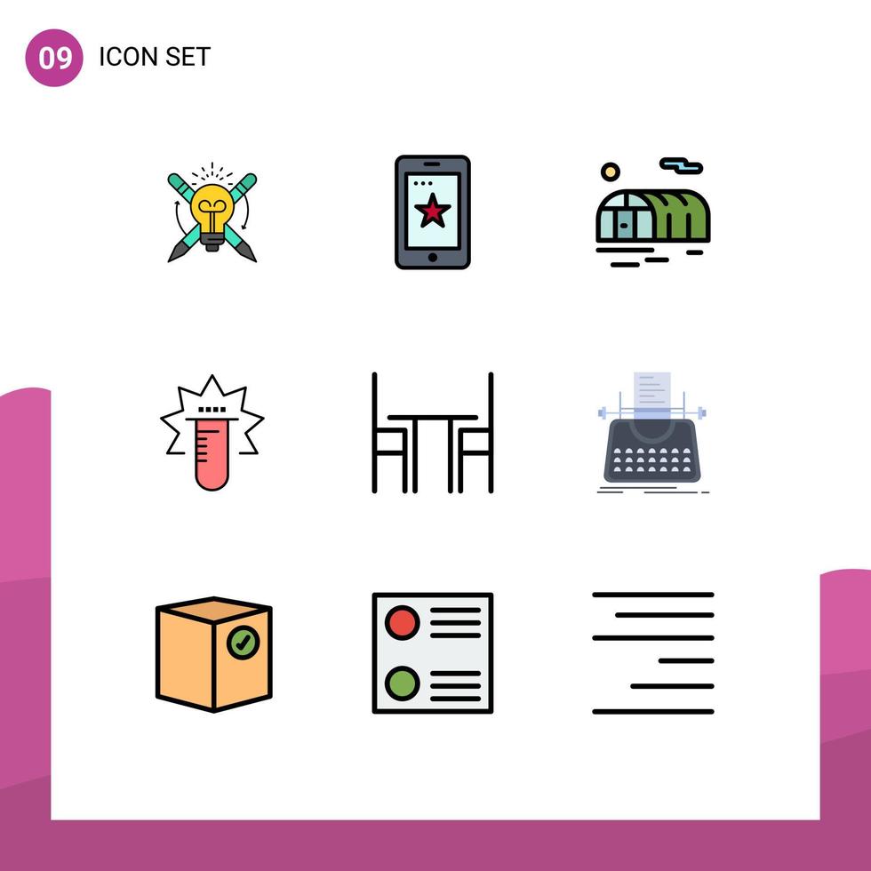 piktogram uppsättning av 9 enkel fylld linje platt färger av möbel stol jordbruk labb testa redigerbar vektor design element