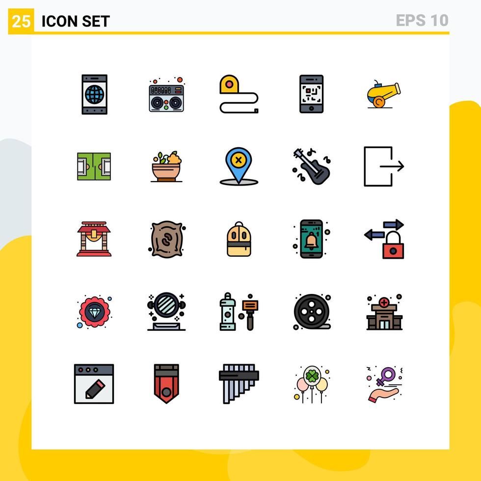 Gruppe von 25 modernen, gefüllten Linien-Flachfarben, die für bearbeitbare Vektordesign-Elemente der Fußballkanon-Messtechnik eingestellt werden vektor