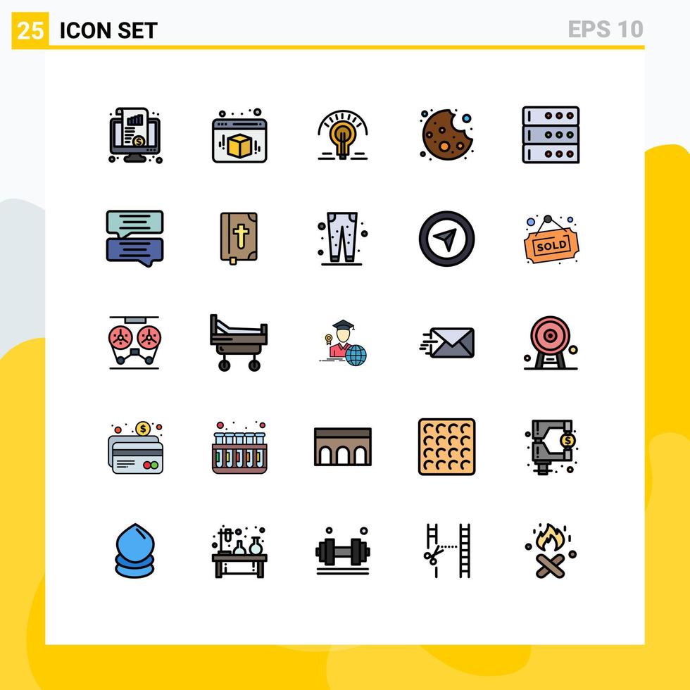 grupp av 25 fylld linje platt färger tecken och symboler för server data Glödlampa mat bita redigerbar vektor design element