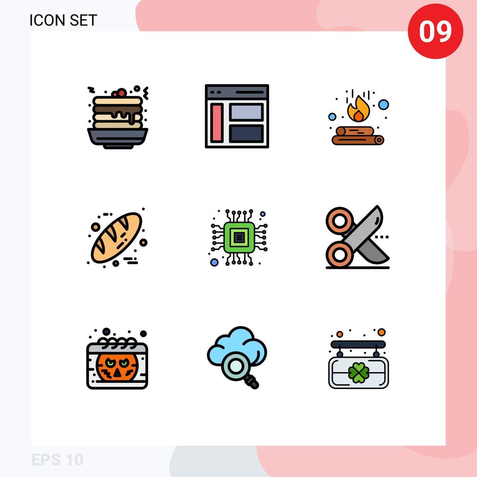 Stock Vector Icon Pack mit 9 Zeilenzeichen und Symbolen für Chip Food User Brot Flamme editierbare Vektordesign-Elemente