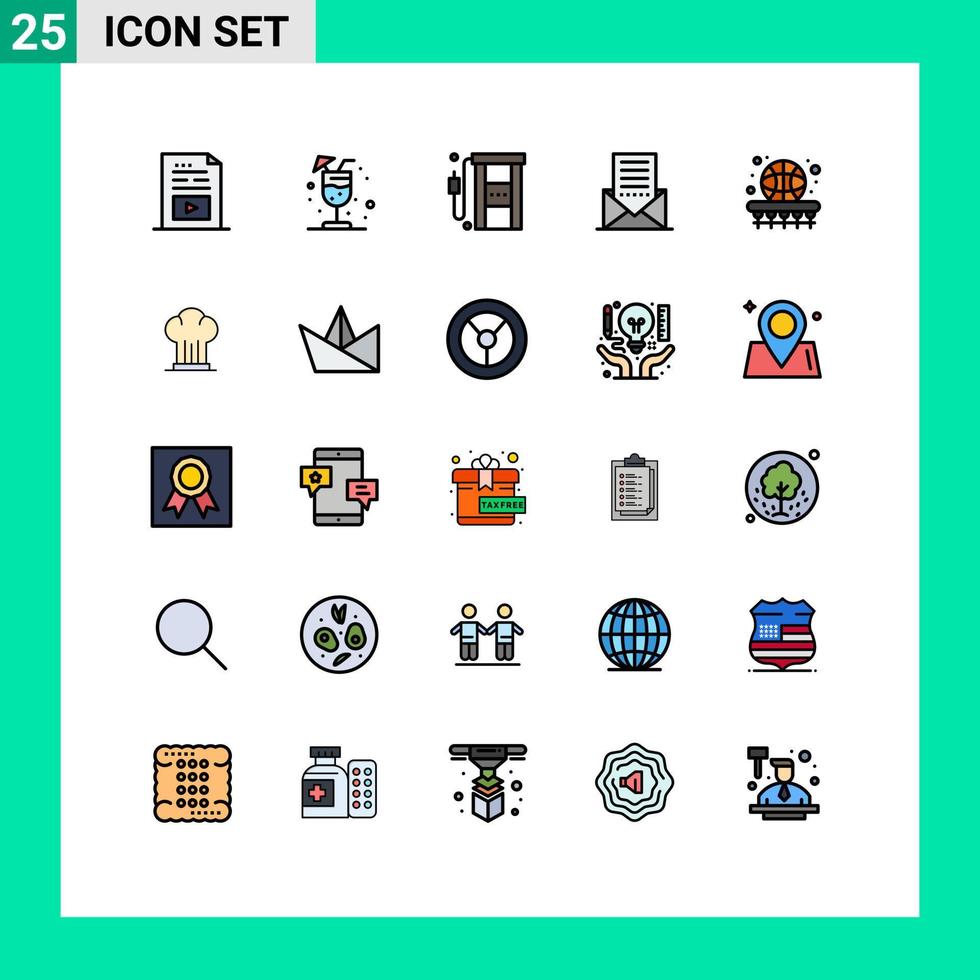 uppsättning av 25 vektor fylld linje platt färger på rutnät för brev kuvert gas e-post resa redigerbar vektor design element