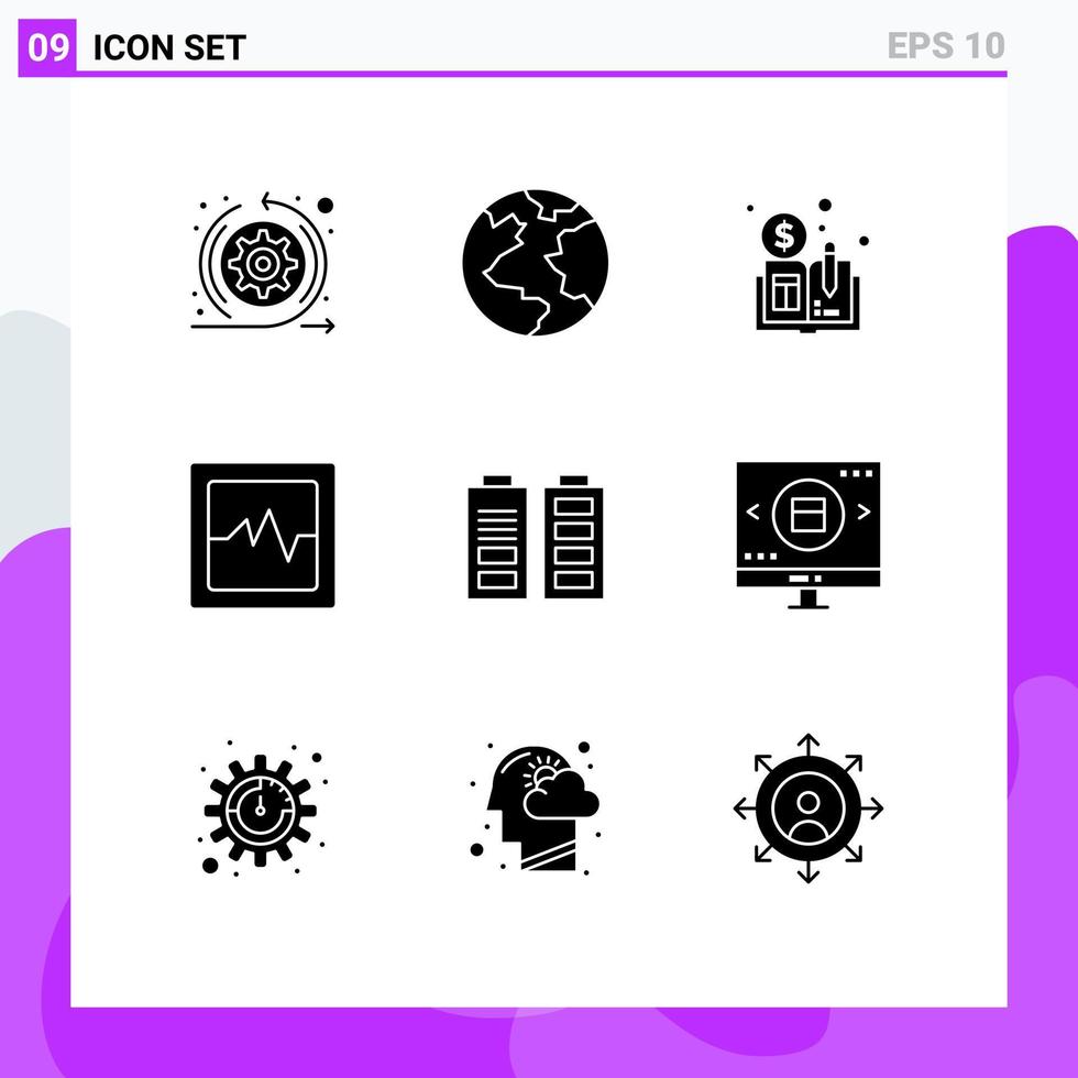 grupp av 9 fast glyfer tecken och symboler för förstorande full distribuerad kraft ackumulator redigerbar vektor design element