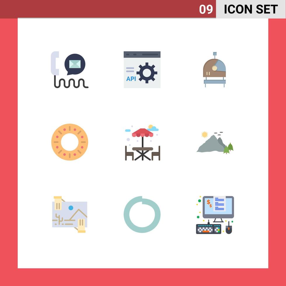 Flaches Farbpaket mit 9 universellen Symbolen für die Entwicklung von Wassernahrung Donut-Raum editierbare Vektordesign-Elemente vektor