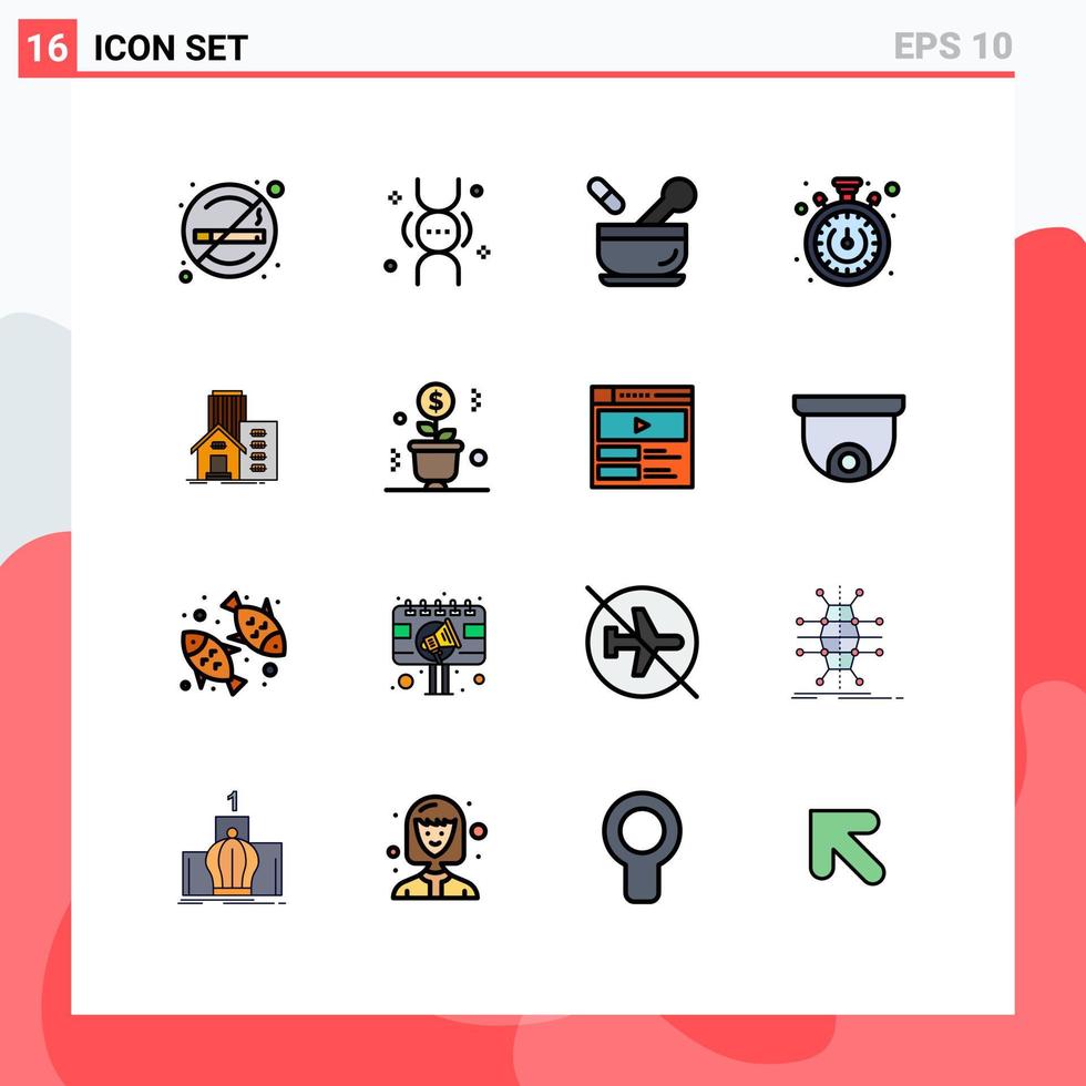 modern uppsättning av 16 platt Färg fylld rader och symboler sådan som verklig byggnad sjukhus timer stoppur redigerbar kreativ vektor design element