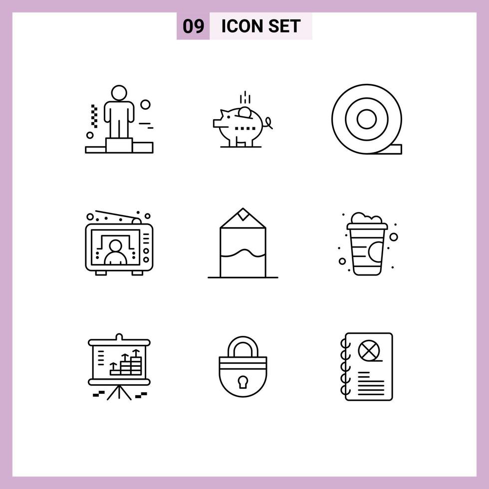 Aktienvektor-Icon-Pack mit 9 Zeilenzeichen und Symbolen für Getränkemilch-Sparcreme-TV-editierbare Vektordesign-Elemente vektor